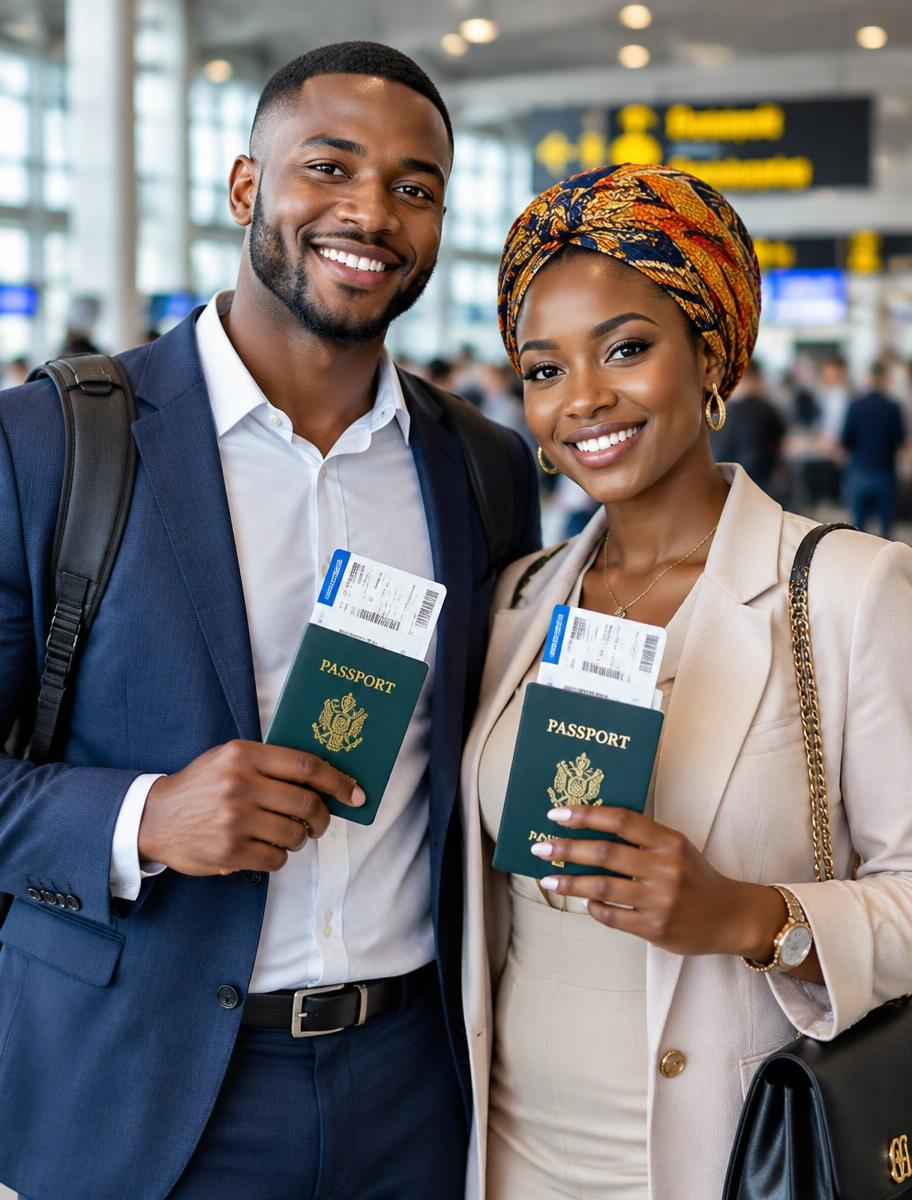 Couple souriant tenant passeports et billets